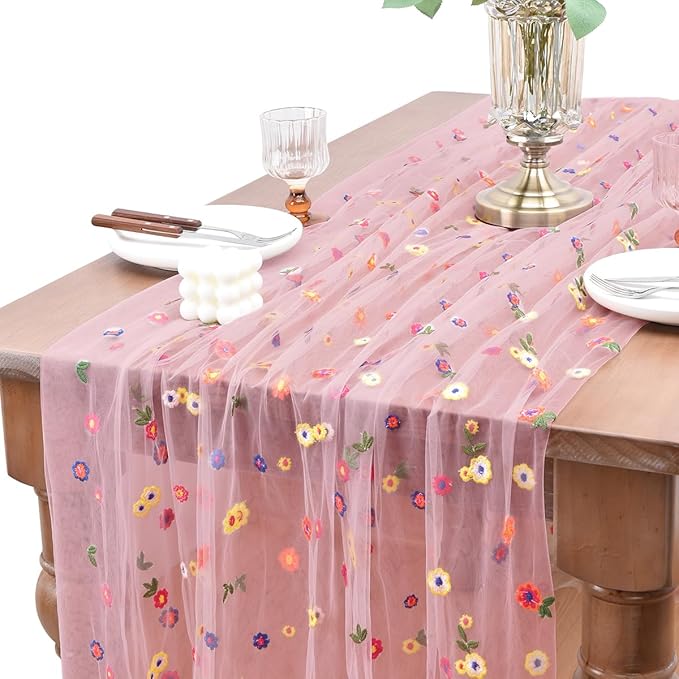 Joanlody Blushing Pink Embroidery Daisy Mother's Day Table Runner Florals Seasonal Easter Tulle Table Runner Holiday Kitchen Dining Table Decoration for Home Party Indoor