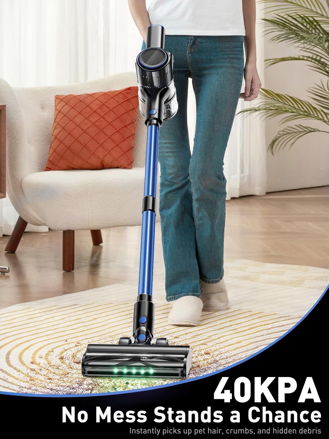 Cordless Vacuum Cleaner, 8-in-1 Vacuum Cleaners for Home, 45Mins Runtime, Anti-Tangle Stick Vacuum with LED Display, Rechargeable Lightweight Vacuum for Pet Hair/Carpet/Floor (Blue)