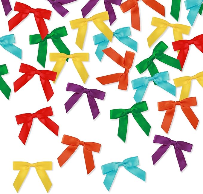 Meseey 120 Pcs 1.5 Inches Premade Craft Bows Self Adhesive Rainbow Satin Ribbon Bows for Treat Bags Gift Wrapping Basket Wedding Baby Shower Brithday Party(Rainbow Set)
