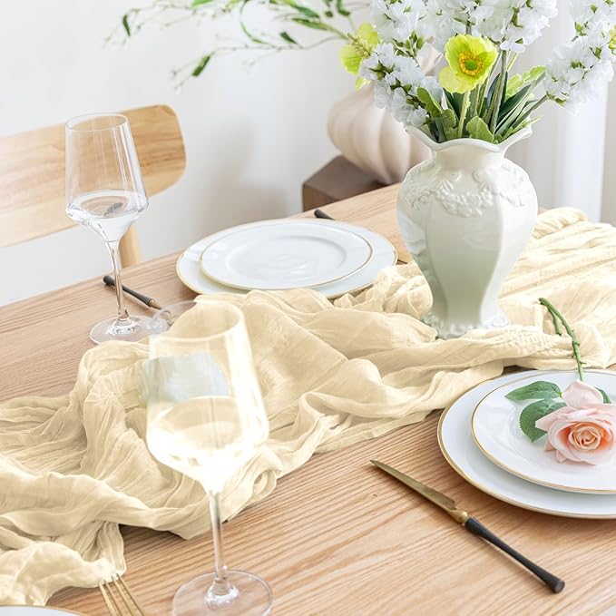 Asee'm 3pcs Cheesecloth Table Runner 120 Inches Long Beige Boho Gauze Cheese Cloth Runner 10FT Rustic Sheer Table Runners for Christmas Wedding Party Baby Shower Spring Easter Decoration