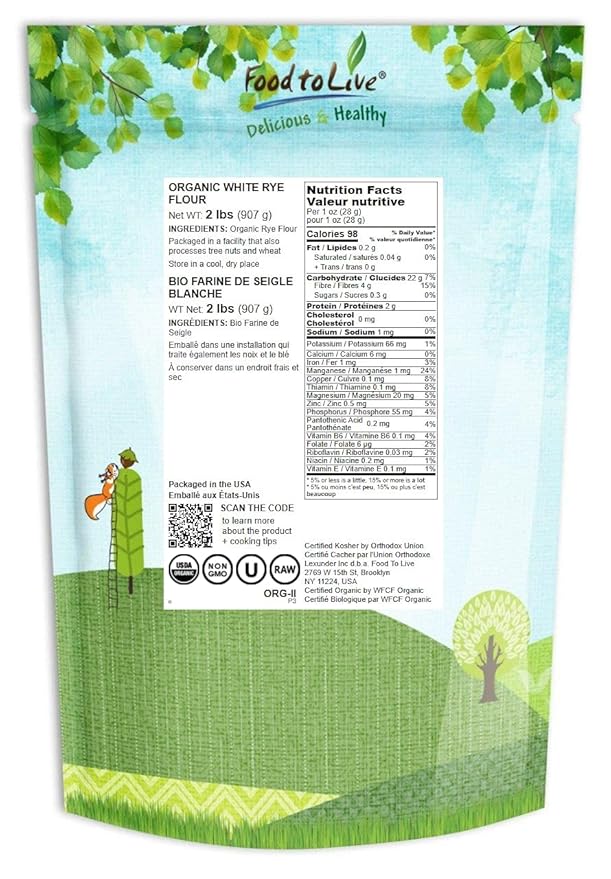 Food to Live Organic White Rye Flour, 2 Pounds - Non-GMO, Unbleached, Light, Medium Protein, Vegan, Kosher, Finely Milled Berries