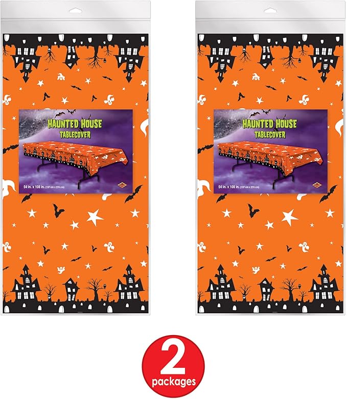 Beistle Haunted House Tablecovers, 54” x 108”, 2 Pieces – Plastic Table Cloth, Rectangular Tablecloth, Halloween Tablecloth, Holiday Tablecloth, Halloween Plastic Tablecloth, Halloween Decorations