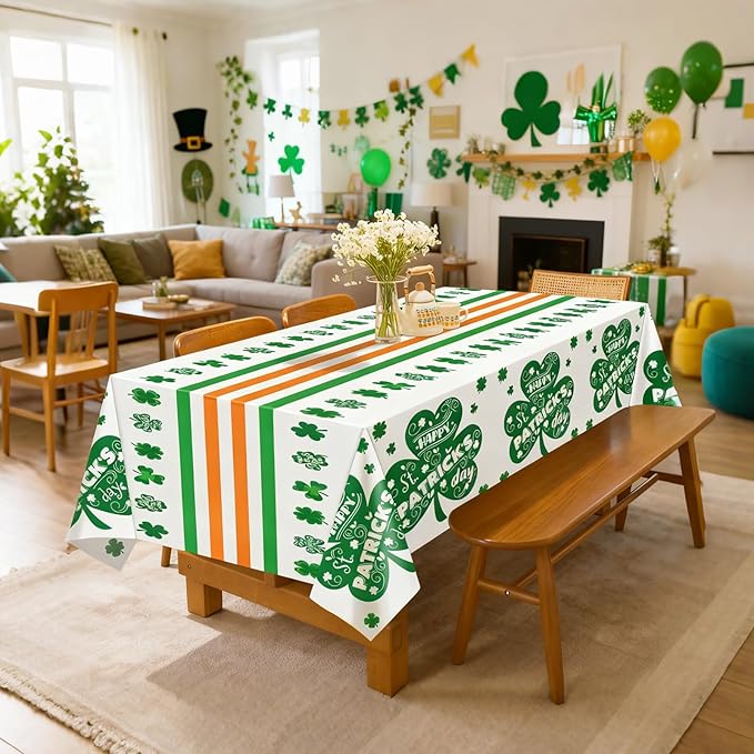 St. Patrick's Day Disposable Plastic Tablecloth 2 Pack, Green Shamrock Party Table Cover 54 x 108 Inch Rectangle, Lucky Irish St Patrick's Day Decorations for Holiday Party Supplies