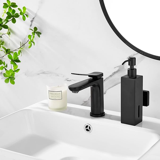 BATHSIR Matte Black Soap Dispenser, Refillable Shower Soap Dispenser Wall Mounted, Stainless Steel Clear Hand Soap Dispenser with Pump for Bathroom Kitchen Sink Dish (Square 200ML)