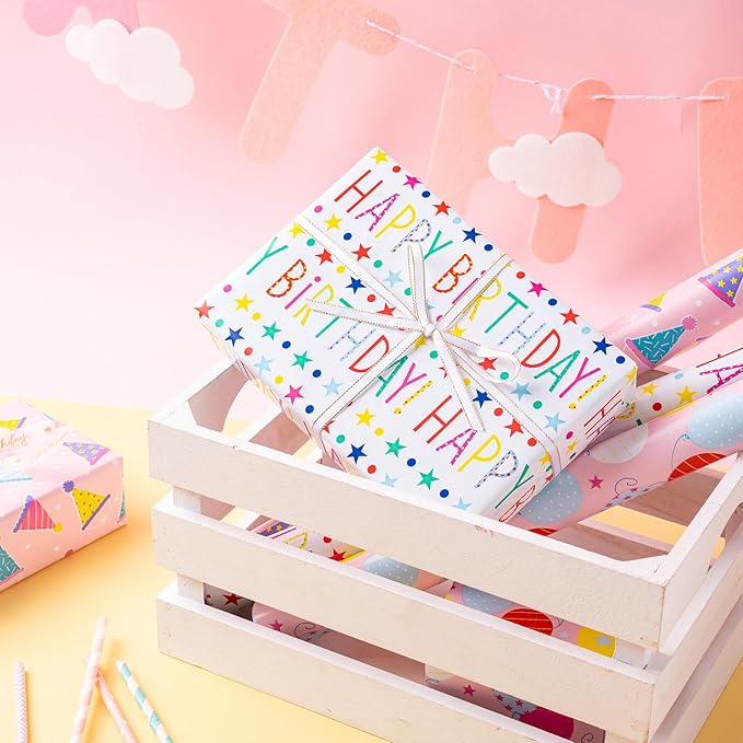 LeZakaa Birthday Wrapping Paper Roll - Mini Roll - Ice Cream/Ballon/ “Happy Birthday Lettering for Gift Wrap, DIY Craft - 17 x 120 inches - 3 Rolls (42.5 sq.ft.ttl.)