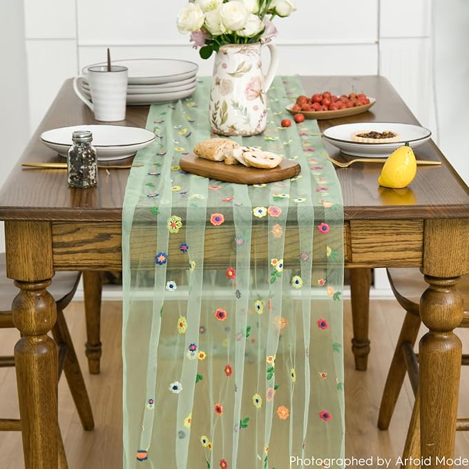 Artoid Mode Sage Green Embroidery Daisy Gauze Table Runner 120 Inch 10FT, Seasonal Sheer Dining Holiday Wedding Birthday Table Decor for Home Party