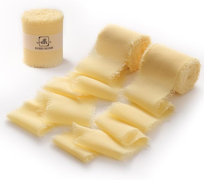 DORIS HOME Yellow Chiffon Ribbon for Flower Bouquet, 2" x21Yd Fabric Ribbon for Gift Wrapping, Handmade Frayed Ribbon for Wedding/Christmas Decorations