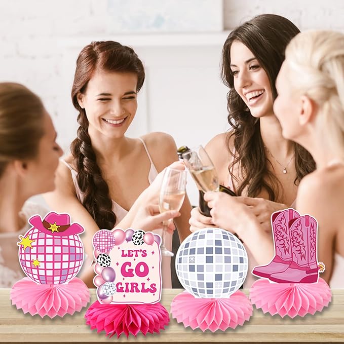 Lets Go Girls Bachelorette Party Decorations - 9pcs Disco Cowgirl Honeycomb Centerpiece Pink Disco Western Party Decoration Girls