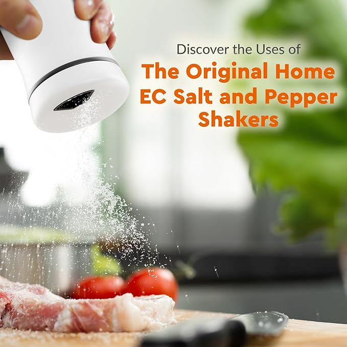 HOME EC Original Salt and Pepper Shakers Set with Adjustable Pour Holes - Black and White Salt Shaker and Pepper Shaker - Farmhouse Spice dispenser for salts, Ground peppercorn and spices