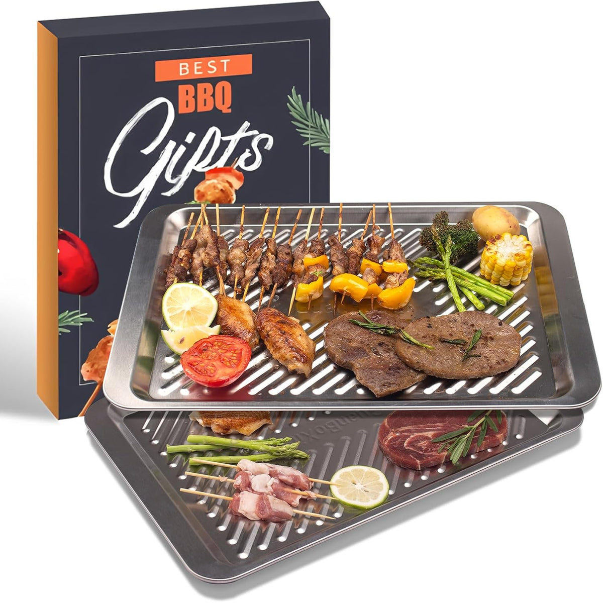 Grilling Prep and Serve Trays Set of 2 Stackable Stainless Steel BBQ Trays Marinating Tray Food Serving Platter for Cooked and Raw Meat BBQ Prep Tub