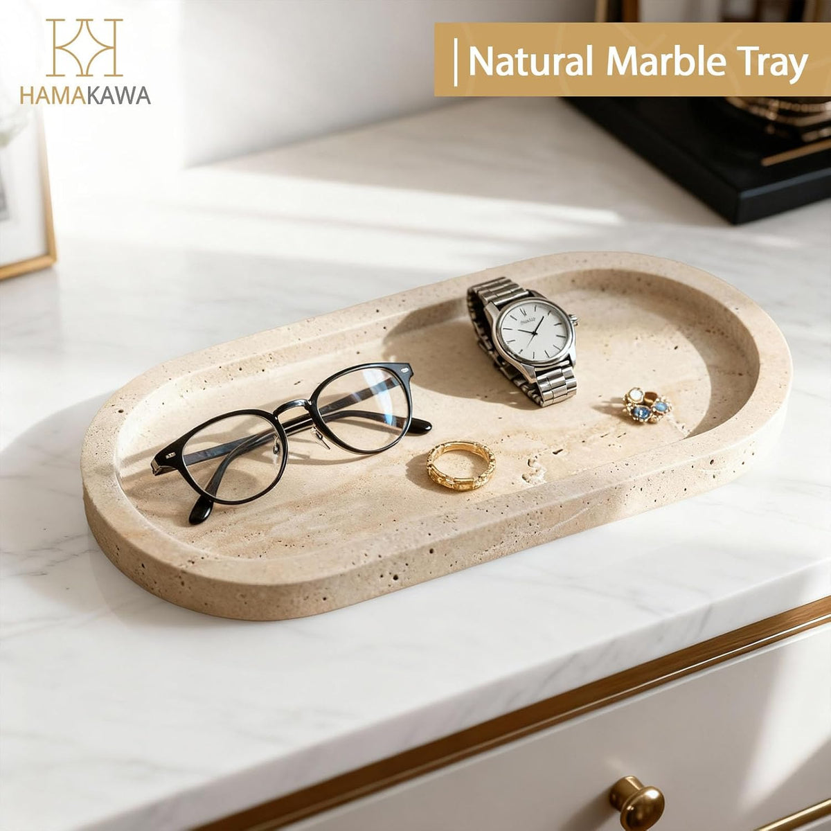 Bathroom Vanity Tray, Natural Marble Oval Sink Tray 10 Inch, Beige Travertine Vanity Tray for Soap Dispenser Modern Countertop Organizer for Kitchen