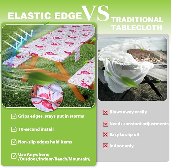 Fitted Picnic Table Cover with Bench Covers Vinyl Waterproof Elastic Edges Fitted Rectangle Tables Patio Tablecloth Camping Gear and Essentials Rv Accessories Road Trip Supplies Car Travel Must Haves
