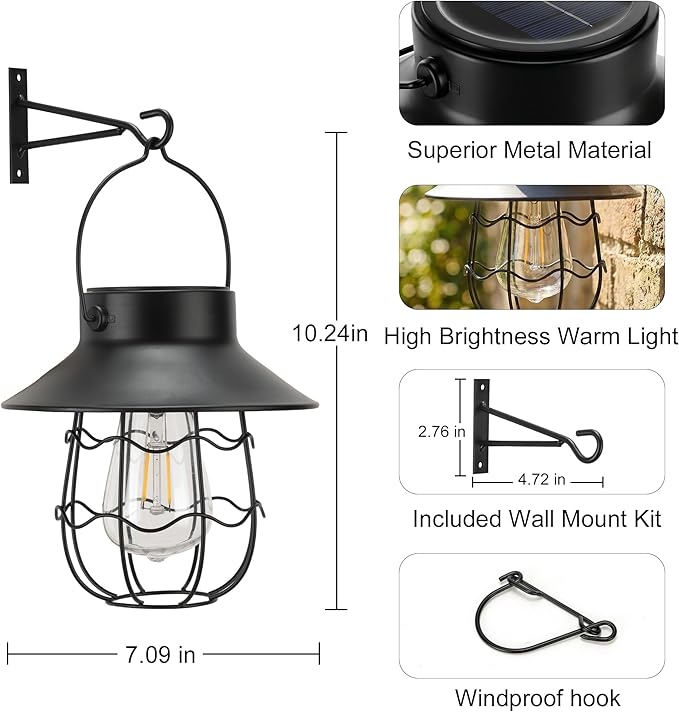Livinlarge Hanging Solar Lanterns Waterproof,2 Pack Outdoor Metal Solar Lights with Wall Hooks Windproof Hook,Retro Solar Lantern Auto On/Off for Yard Garden Pathway Patio Porch Decor (Black)