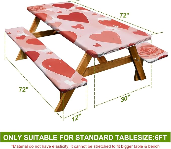 Hearts Picnic Table Cover with Bench Covers Set of 3-Pink Background with Roses,Elastic Fitted Tablecloth for 6 Ft Tables, Washable Polyester Cover for Valentines Day Camping, Indoor & Outdoor