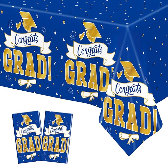 2Pack 2026 Graduation Decorations, 108" X 54" Graduation Tablecloth, Bluegold Disposable Table Cloths for Grad Party Favors Supplies, Rectangle Plastic Tablecover for Class 2026 Congrats Grad for Kids