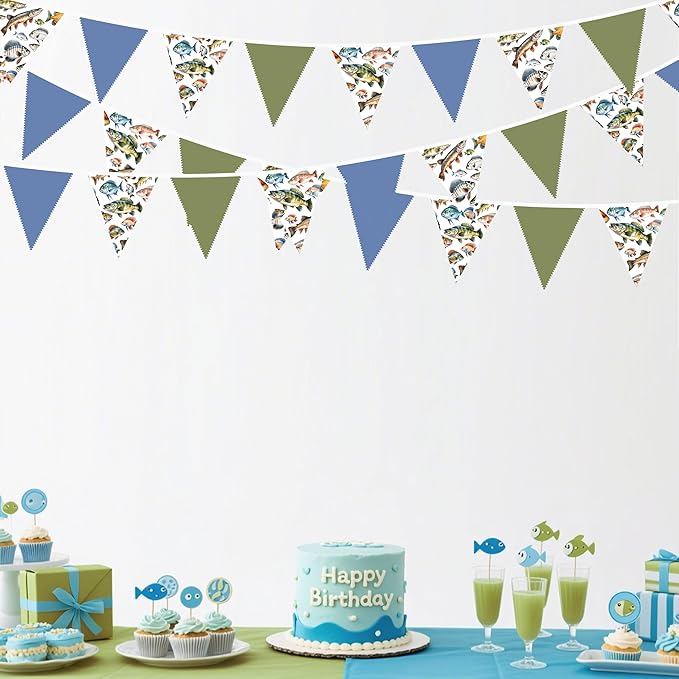 32Ft Gone Fishing Party Decorations Blue Green Fish Print Fabric Pennant Banner Triangle Flag Garland Streamer for Gone Fishing Birthday Little Fisherman Baby Shower Outdoor Fish Party Supplies