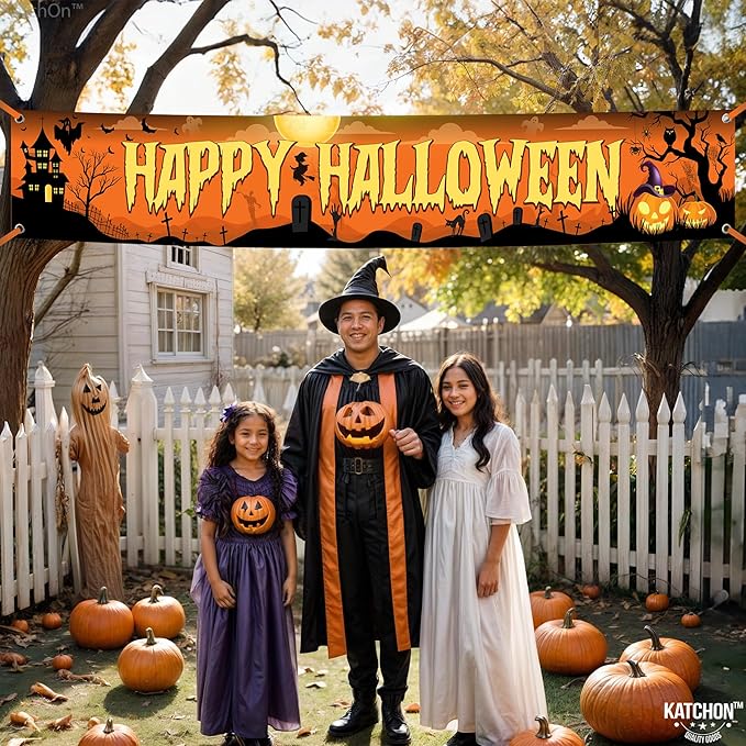 Katchon, Happy Halloween Banners For Outside-120x20 Inch Orange And Black Yard Sign | Halloween Decorations Outdoor Banner | Summerween Party Decorations | Happy halloween Banner