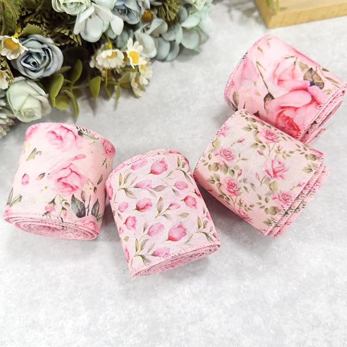 Spring Pink Floral Wired Ribbon, Rose Pattern Decorative Fabric Ribbon with Leaves for DIY Crafts Gift Wrapping Spring Summer Wedding Party Decor, 4 Rolls, 20Yards (Pink)