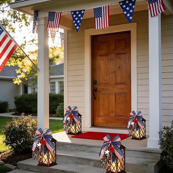 Patriotic Solar Lanterns Outdoor, Waterproof Garden Hanging Lanterns, 13" Patriotic Decorations Outdoor Lantern with Led Flameless Candles, 4th of July Lantern for Porch, Yard, Patio Decor