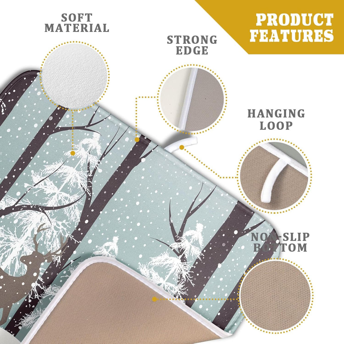 Winter Wildlife Deer Dish Drying Mat for Kitchen Counter,Xmas Landscape Snow Tree Ivory Drying Mat 16 x 18 Inch with High Absorbent Microfiber
