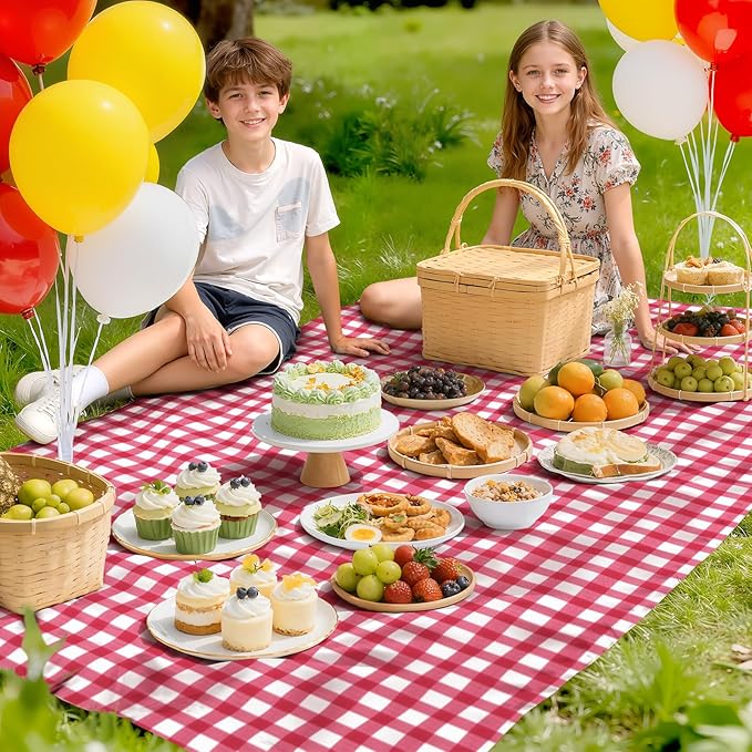 4 Pack Red Striped Gingham Tablecloths, 54 x 108 Inch Disposable Plastic Rectangle Table Covers, Waterproof Red and White Checkered Table Cloths for Picnic, Birthday, Party, Outdoor Events