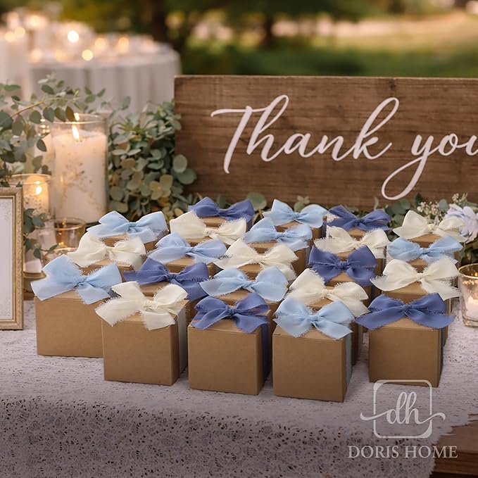 DORIS HOME Blue and Cream Chiffon Ribbon for Flower Bouquet, 2" x21Yd Fabric Ribbon for Gift Wrapping, Handmade Frayed Ribbon for Wedding/Christmas Decorations