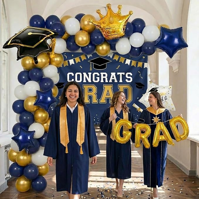 Navy blue White Gold Balloon Garland Arch Kit with backdrop Stars Graduation Cap crown GRAD Letters Mylar Balloons for 2026 graduate Prom Decorations