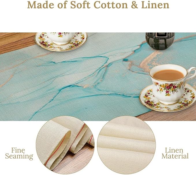 Turquoise Aqua Marble Table Runner, Modern Teal Watercolor Print Table Runner for Coffee Dining Party Wedding Kitchen 13x60in