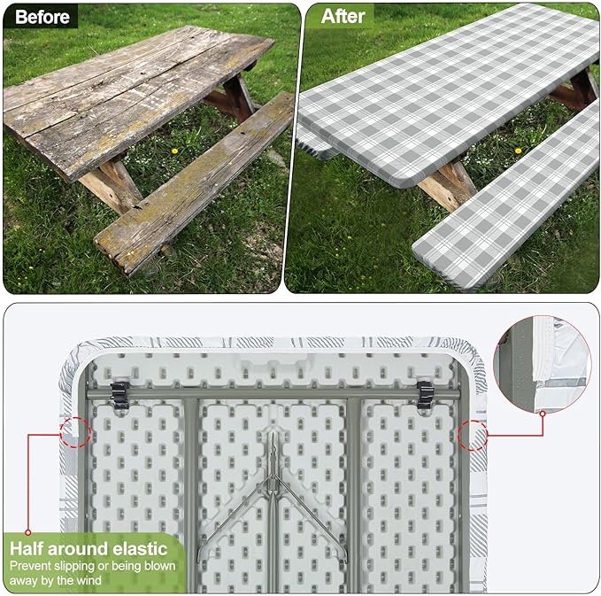 Play Tailor Picnic Table Cover with Bench Covers Camping Essentials Waterproof Windproof Camping Tablecloth with Drawstring Bag, Fitted Rectangle Tables and Seats, 96in, Grey Checkered