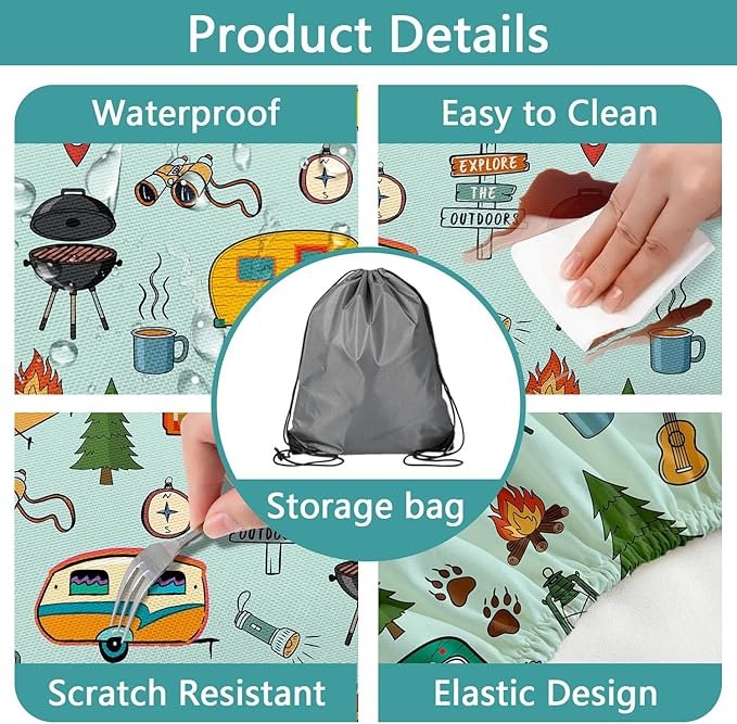 Camping Picnic Table Cover with Bench Covers and Bag, Camping Essentials, Waterproof Windproof Fabric, Fitted Tablecloth Cover with Elastic Edge, for Indoor & Outdoor, Garden, 3 PCS, 30x96 Inch