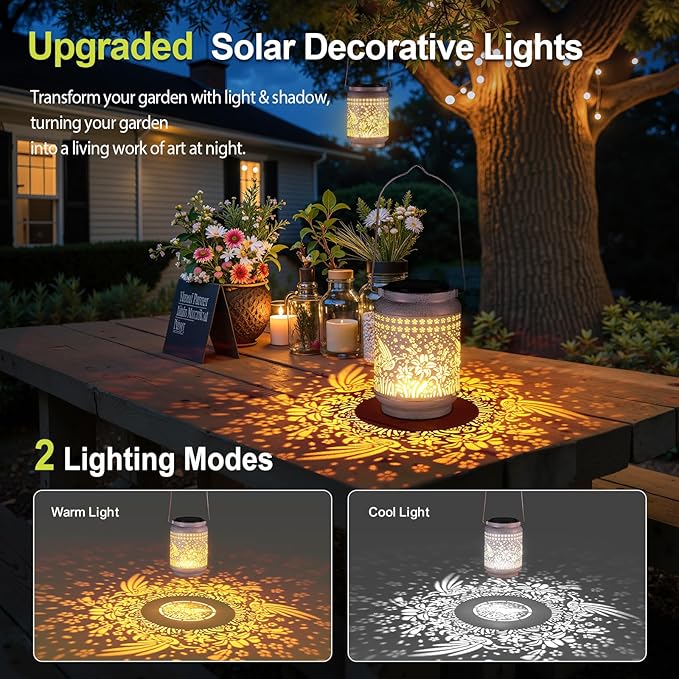 KOOPER 2 Pack Solar Lanterns Outdoor Waterproof Mothers Day Gifts for Women Mom Grandma, Metal Hummingbird Hanging Solar Lantern Outdoor, 2 Modes Outdoor Decoration for Yard, Patio, Garden, Porch