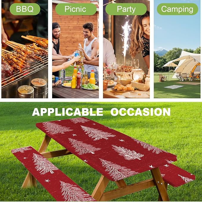 ANNA QUEEN 6FT Red Christmas Tree Picnic Table Cover Set 3PCS 72"x30", Waterproof Outdoor Bench and Tablecloth Furniture Protection for Camping Beach BBQ Patio Backyard