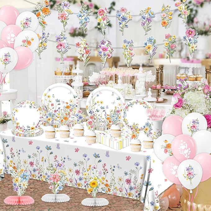 193Pcs Spring Wildflower Party Decorations Include Plates, Napkins, Cups, Balloons, Banner, Tablecloth, Cake Toppers, Honeycombs for Floral Birthday Baby Shower Party, Serve 24