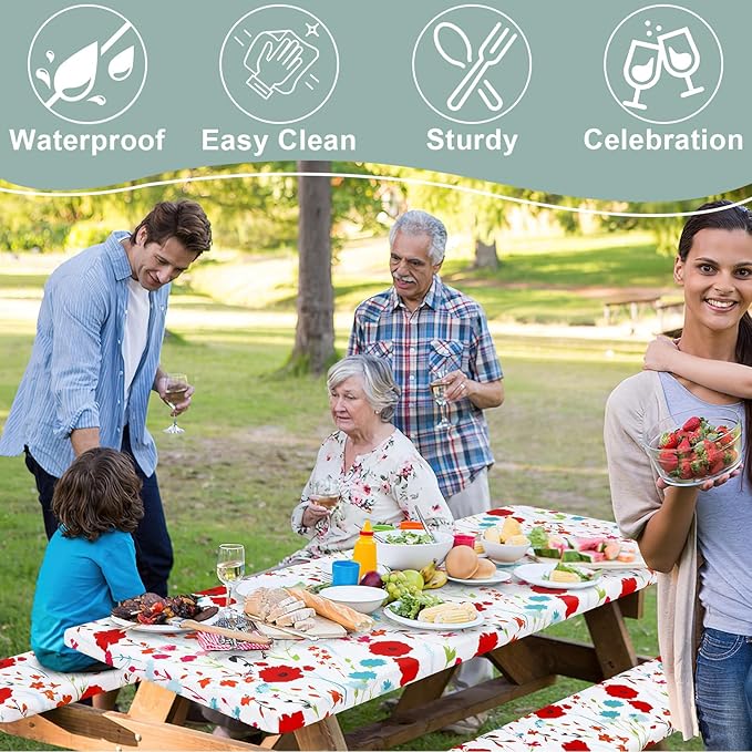 misaya Picnic Table Cover with Bench Cover, Waterproof Elastic Fitted Tablecloth for 8 Foot Tables, Rectangle Washable Polyester Fabric Tablecloths for Picnic, Camping, Outdoor (Flower, 30" x 96")