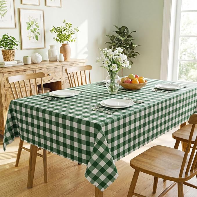 NatNarr 3 Pack Green Gingham Tablecloths, 54 X 108Inch Disposable Scalloped Green and White Checkered Table Cloth, Waterproof Table Cover for Party Picnic Birthday Barbecue Camping Wedding