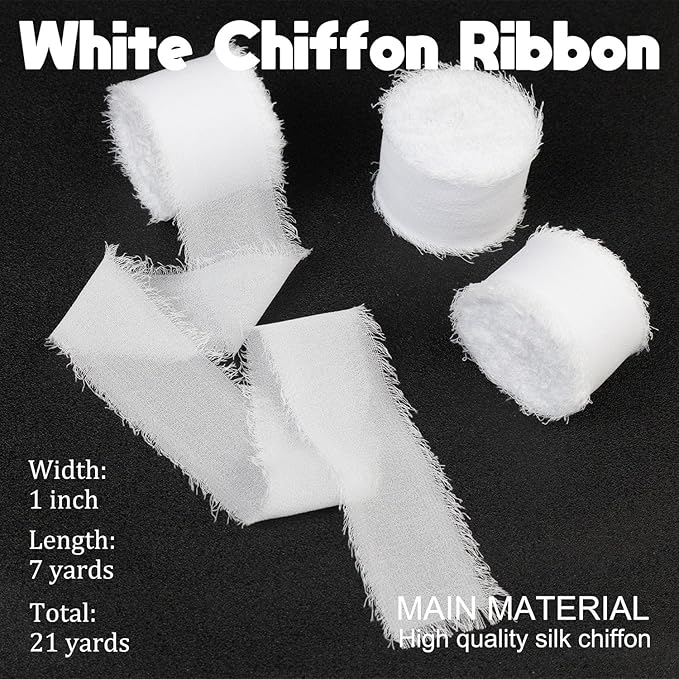 White Chiffon Ribbon - 1 Inch x 21 Yards, Handmade Fringe, Silk, Boho Frayed, Wedding Invitation, Bridal Flower Bouquets, Floral Arrangement, Gift Wrapping