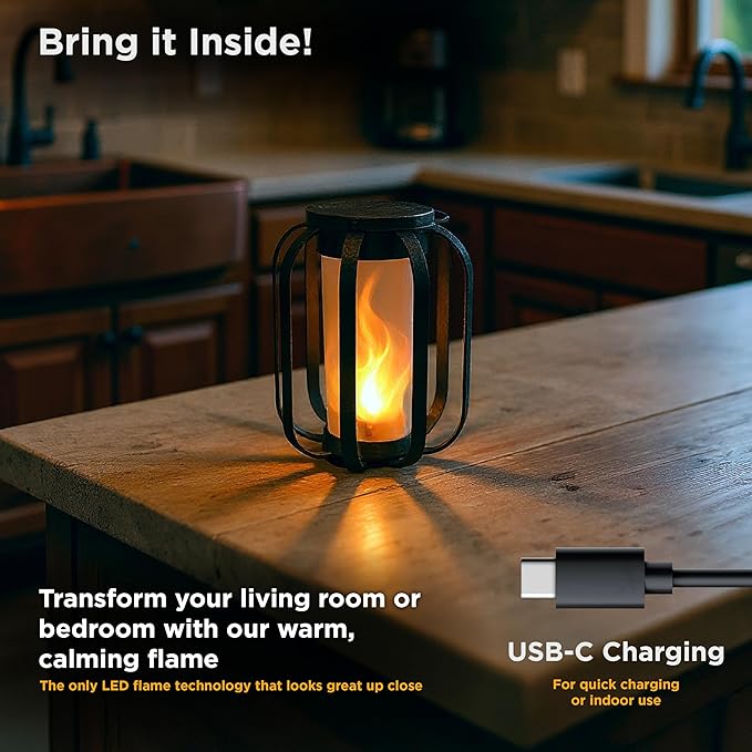 FoxFlame Modern Solar Lanterns Outdoor Waterproof - Patented Flickering LED Flame Effect, IP65 Waterproof, Matte Black Finish, Hanging Solar Lights for Outside for Patio, Garden, Porch(2 Pack)