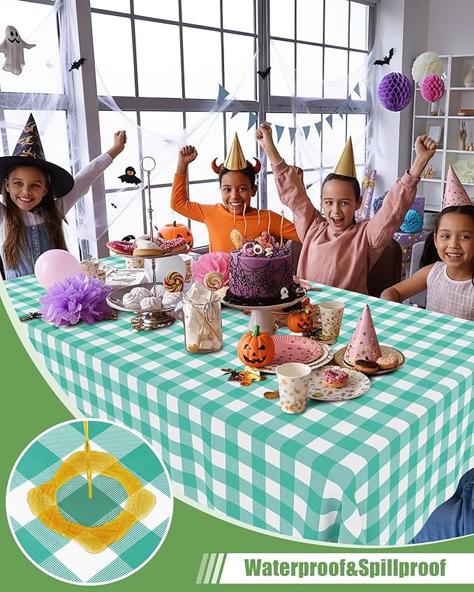 Smiry 20 Packs Gingham Disposable Table Cloth, 54 x 108 Inch Waterproof Plastic Tablecloth, Rectangle Teal and White Checkered Table Covers for Picnic, Birthday, Party