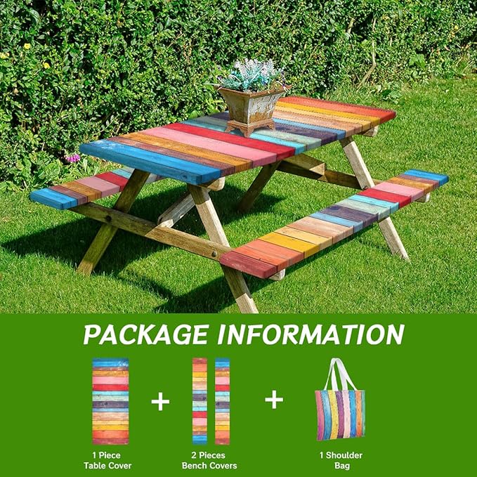 Wood Vintage Picnic Table Cover with Bench Covers and Carrying Bag, Retro Abstract Wood Texture Rectangle Table Cover Outdoor Patio Camping Essentials 72 inch 4PCS Camping Fitted Tablecloth