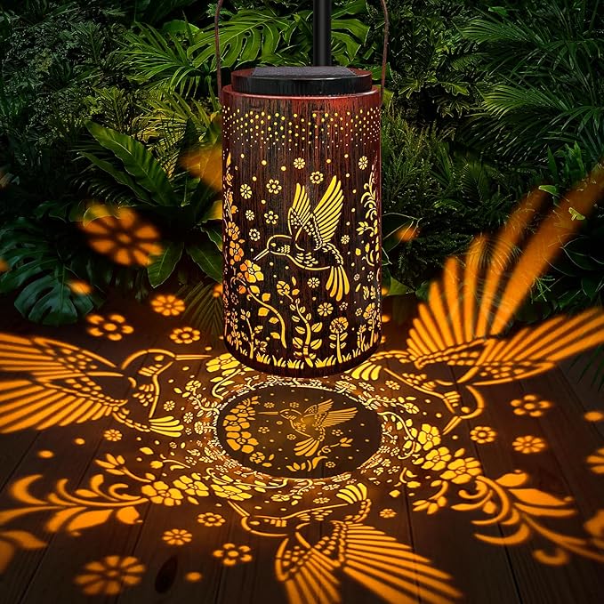 Solar Lanterns Outdoor Waterproof 2 Pack, 2 IN 1 Amber & White Modes Upgraded, Bird Garden Decor Gifts for Women Mom Grandma, Metal Hanging Solar Light Decoration for Yard Patio Porch Pathway
