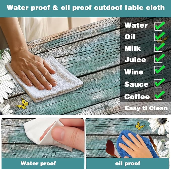 Daisy Flowers Picnic Table Cover with Bench Covers and Bag, Camping Essentials, Wooden Grain Waterproof Windproof, Fitted Tablecloth Cover with Elastic Edge, for Indoor & Outdoor, 3 PCS, 30x96 Inch