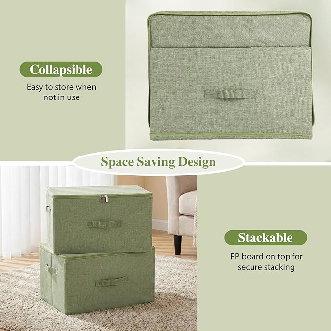 ANMINY 3PCS Storage Bins with Zipper Lids 13 Qt Lidded Fabric Storage Boxes Baskets Cubes with Handles Collapsible Washable Cotton Linen Closet Shelf Clothes Organizer Containers - Green, Small