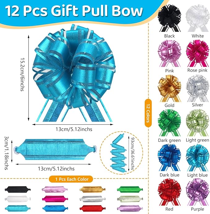 12 pcs Gift Bow Ribbon Shiny Pull Bows for Gift Baskets Warpping Christmas Party Bright Mix Colors Organza Warp Bows Boxes Flower Decorations Valentine's Day(12Pcs-Mix Colors-G)
