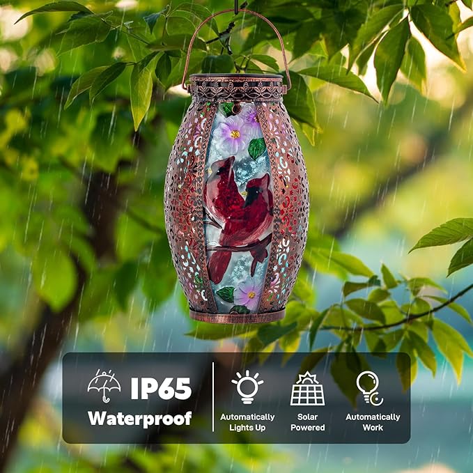Cardinal Outdoor Solar Lanterns Waterproof 13.8" Large Hanging Solar Lantern Decorative Cardinals Solars Lights for Outside Yard Table Patio Garden Pathway Lawn Cardinal Gifts