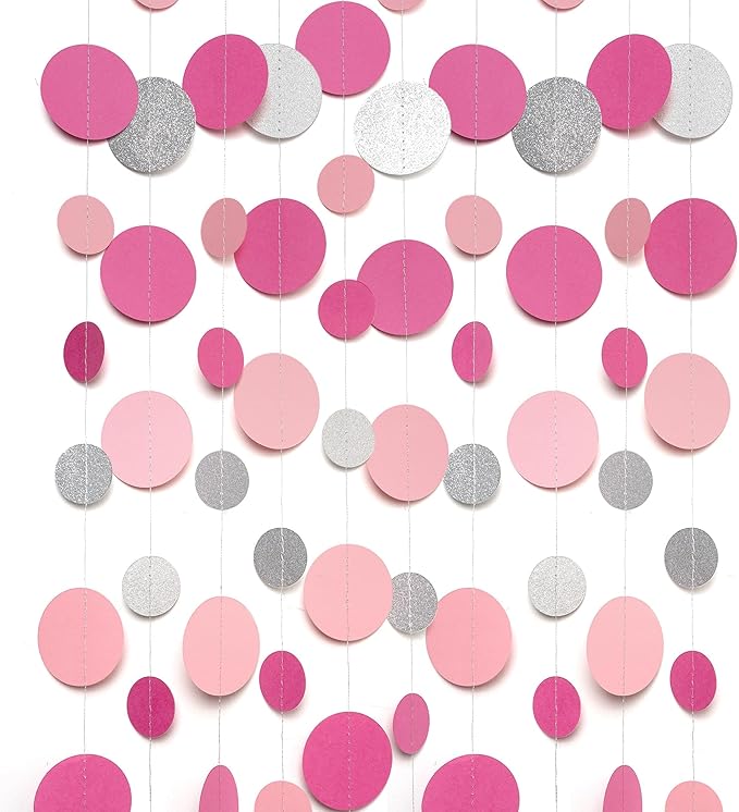 Cheerland Pink Galentine Garland Hanging Decorations Hanging Silver Hot Pink Valentines Polka Dot Streamer for Girls Bachelorette Bridal Shower Pinkmas Birthday Wedding Engagement Backrop Pack of 4