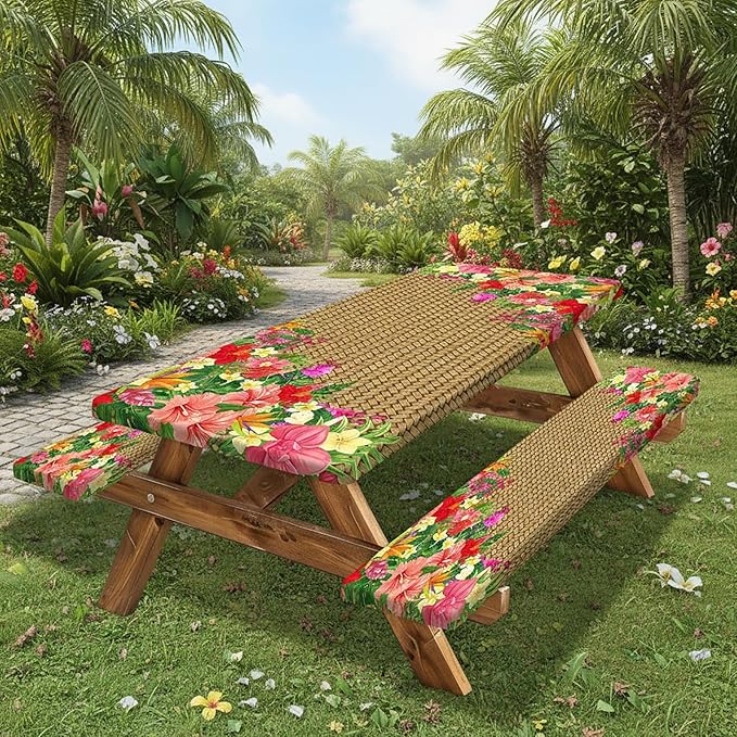JAWO Hawaiian Tropical Floral Picnic Table Cover with Bench Covers, 3PCS Waterproof Polyester Elastic Fitted Outdoor Tablecloth, Camping BBQ RV Patio Luau Party Essentials with Carry Bag,60in