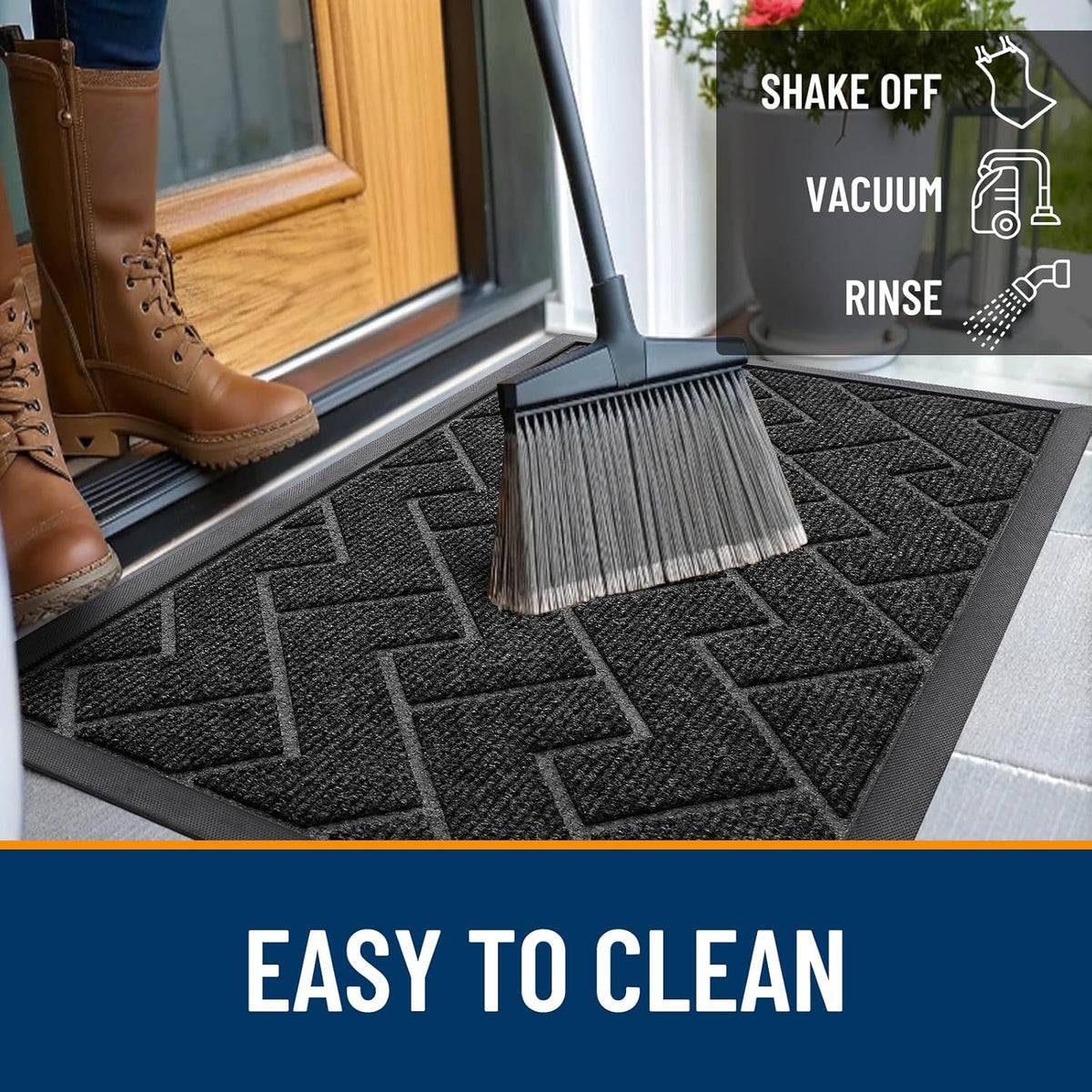 OLANLY Front Door Mat Indoor Outdoor Entrance, Waterproof All-Season, All-Weather Doormat, Sturdy Natural Rubber, Low Profile, Easy Clean Patio Porch Entryway Mat, Herringbone Brick (Black, 59x23)