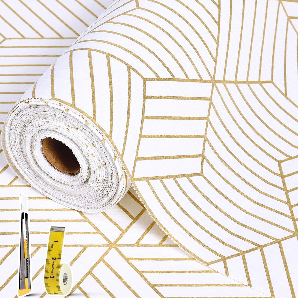 Shelf Liners for Kitchen Cabinets Non Adhesive Shelf Liner Paper Non-Slip Thickened Drawer Liner Easy to Clean for Tool Box Refrigerator with Knife and Tape Measure, Gold Geometric, 23.6 x 354.3 in