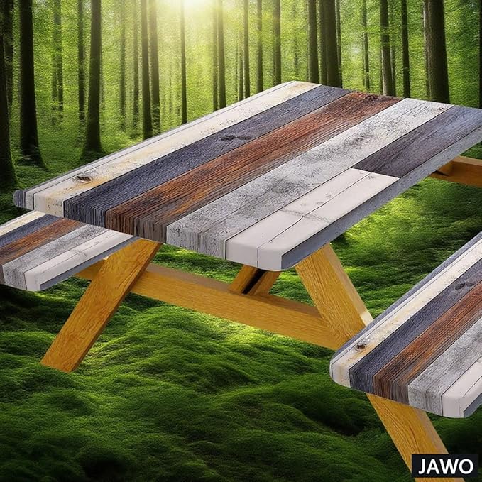 Picnic Table Cover with Bench Covers Rustic Farmhouse Waterproof Windproof Fitted Outdoor Patio Camping Rectangle Tablecloth 96x30 Inch Elastic Edges