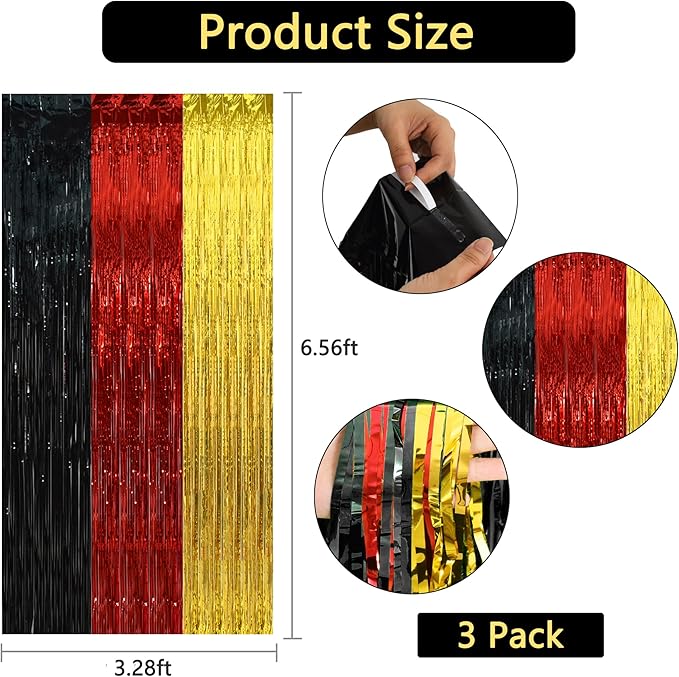 BEISHIDA 3Pcs Black Red Gold Door Streamer Colorful Backdrop Foil Fringe Tinsel Curtains Cartoon Mouse Backdrops for Birthday Baby Shower Children's Day New Year Party Decoration (3.28 ft x 6.56 ft)